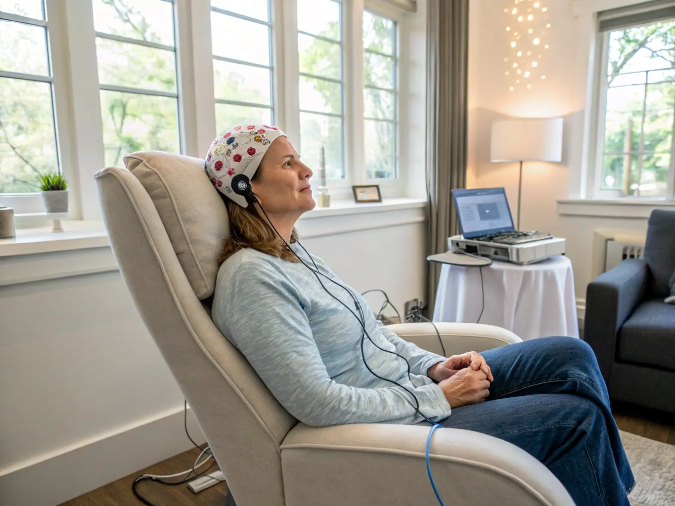 A serene image of a person undergoing Rebalance+ therapy, focusing on the calming and restorative aspects of the treatment. The setting should be professional and supportive, highlighting the therapy's role in neurological rebalancing.
