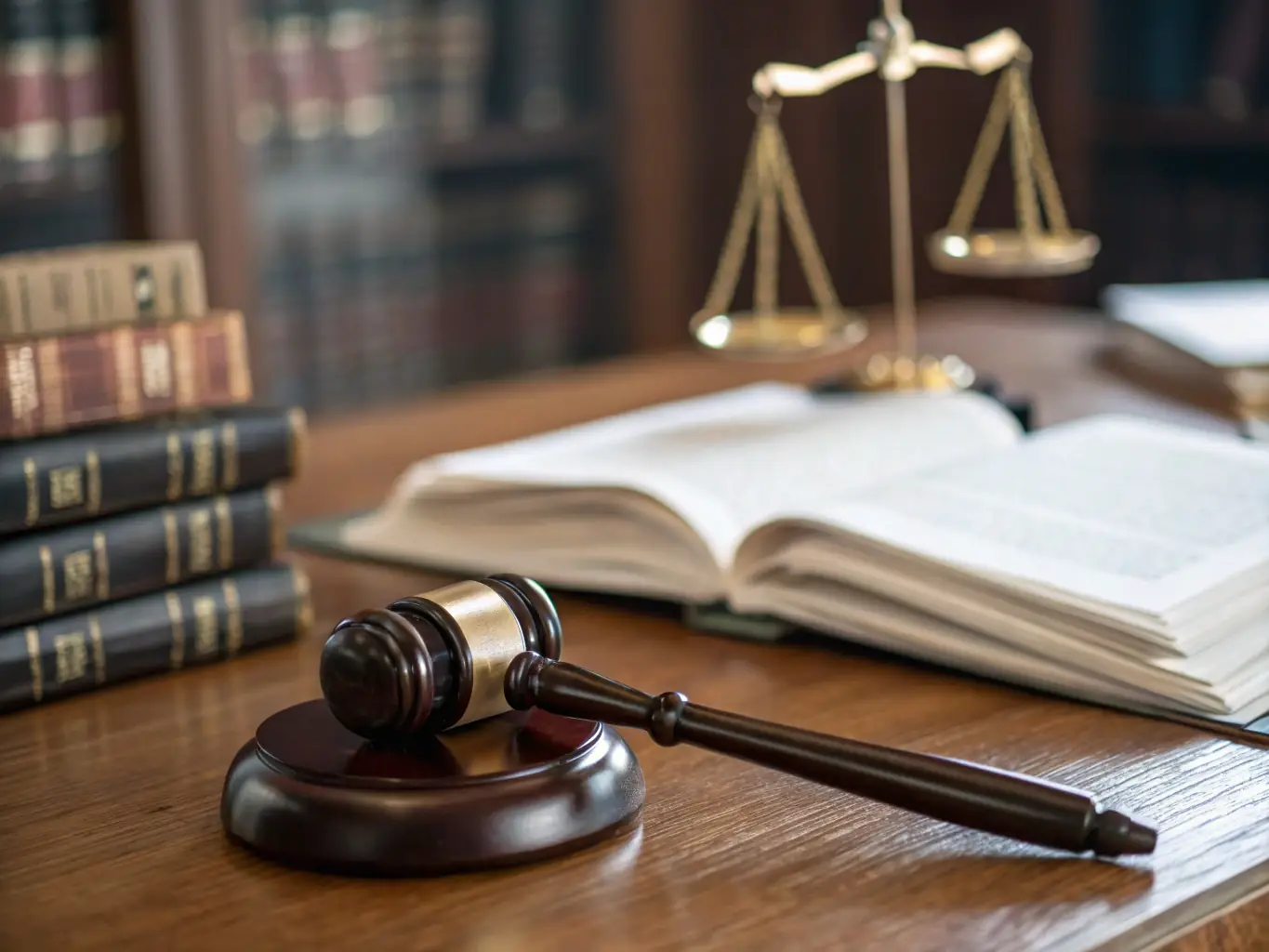 A professional photograph showcasing a courtroom setting with a gavel and legal documents, symbolizing successful legal defense.