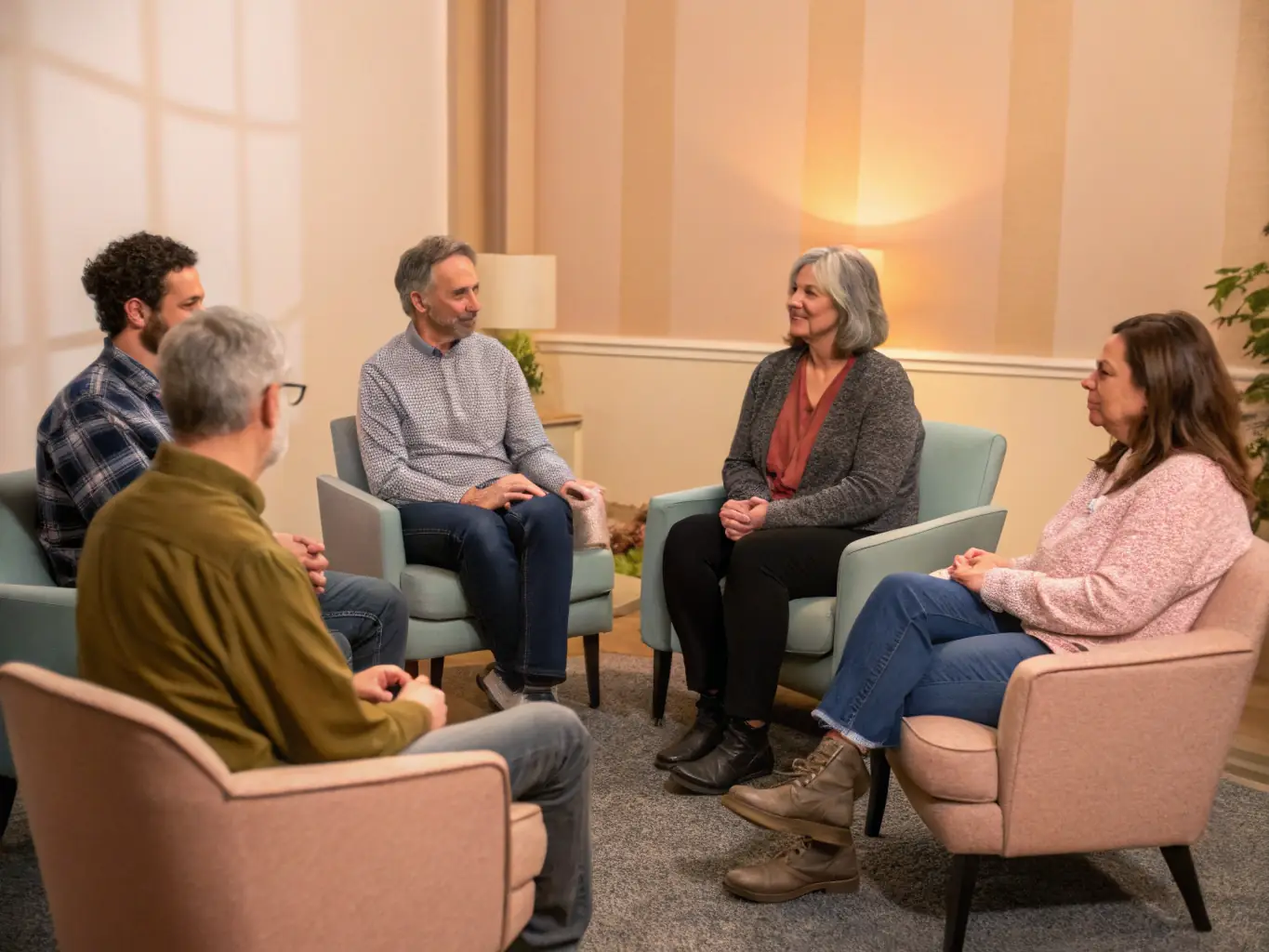 A group of individuals participating in an outpatient treatment session, showcasing the supportive and structured environment of the program. The image should convey a sense of community and progress towards recovery.