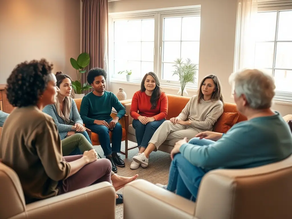 A photograph of a group therapy session, highlighting the supportive environment and engagement of participants.