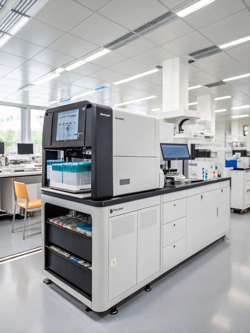 A detailed image of a DNA sequencing machine in a modern laboratory, highlighting the precision and technology involved in genetic testing for addiction predisposition.